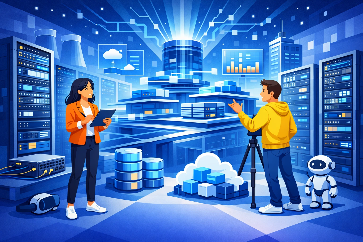 Professionnels observant le centre de données et son architecture