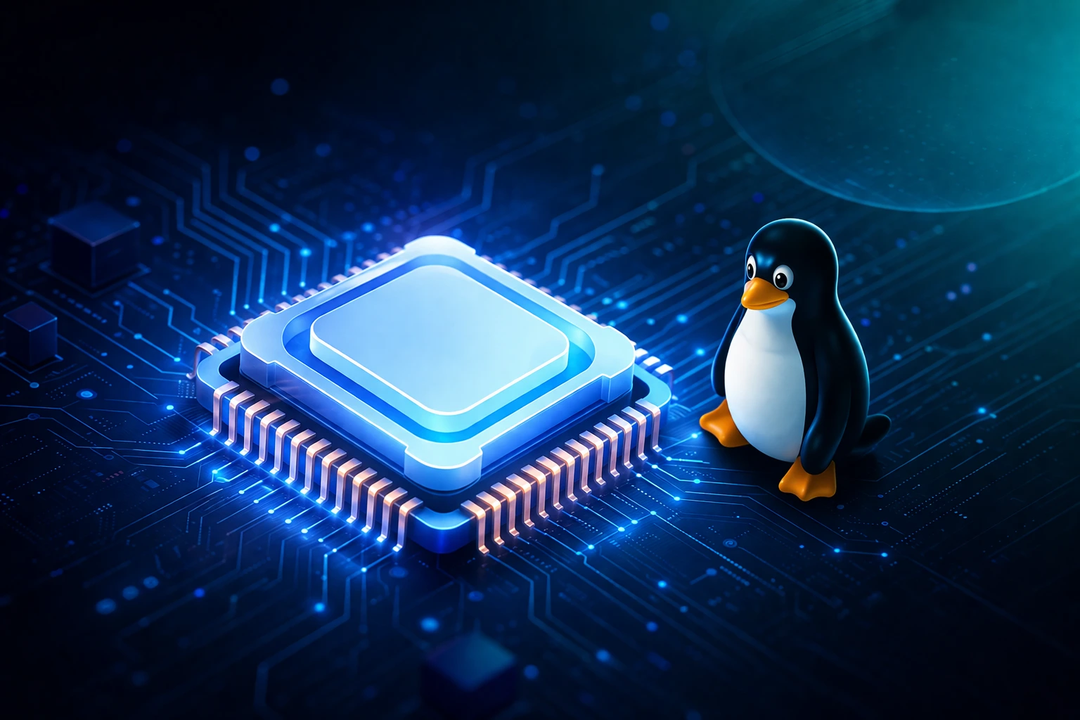 Illustration futuriste d'un Kernel avec un processeur lumineux bleu posé sur un circuit électronique, avec un manchot Linux à côté, sur fond sombre en dégradé bleu et turquoise, sans texte.
