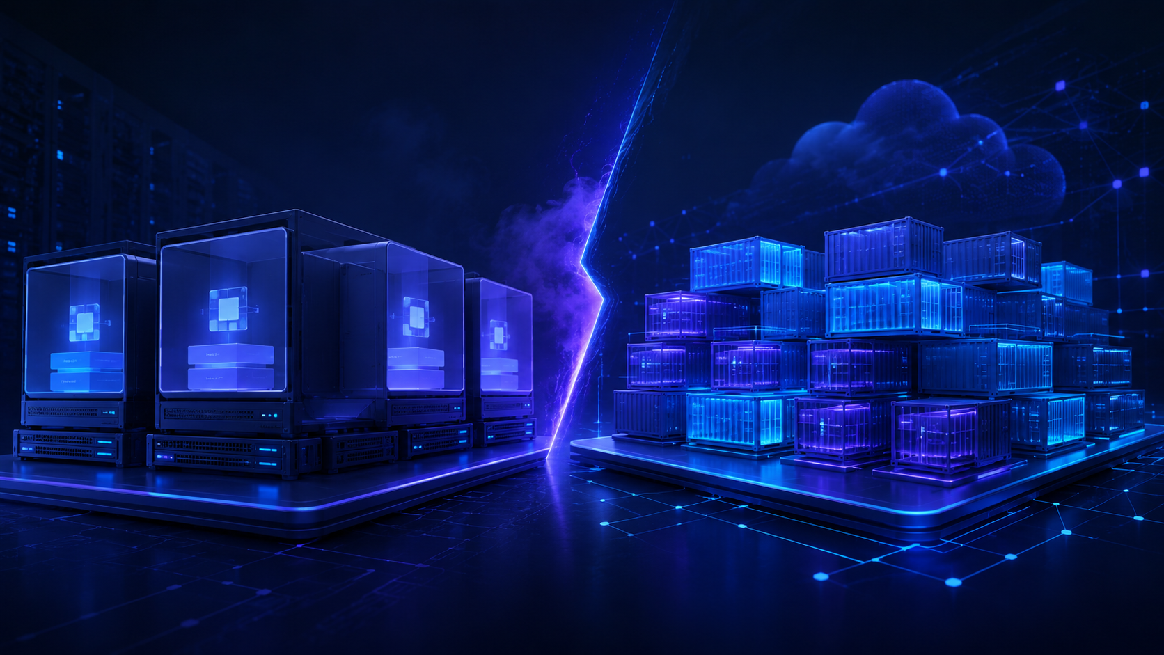 Illustration sombre comparant machines virtuelles et conteneurs, idéale pour un article sur la virtualisation, la conteneurisation, les performances et les architectures cloud modernes.