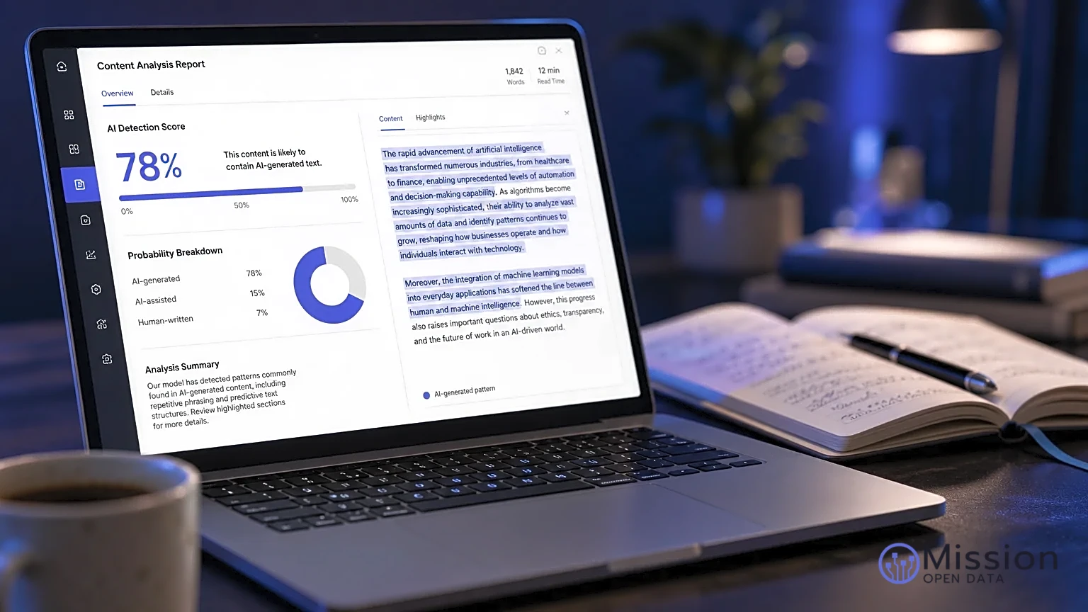 Ordinateur moderne affichant un rapport d'analyse avec intelligence artificielle