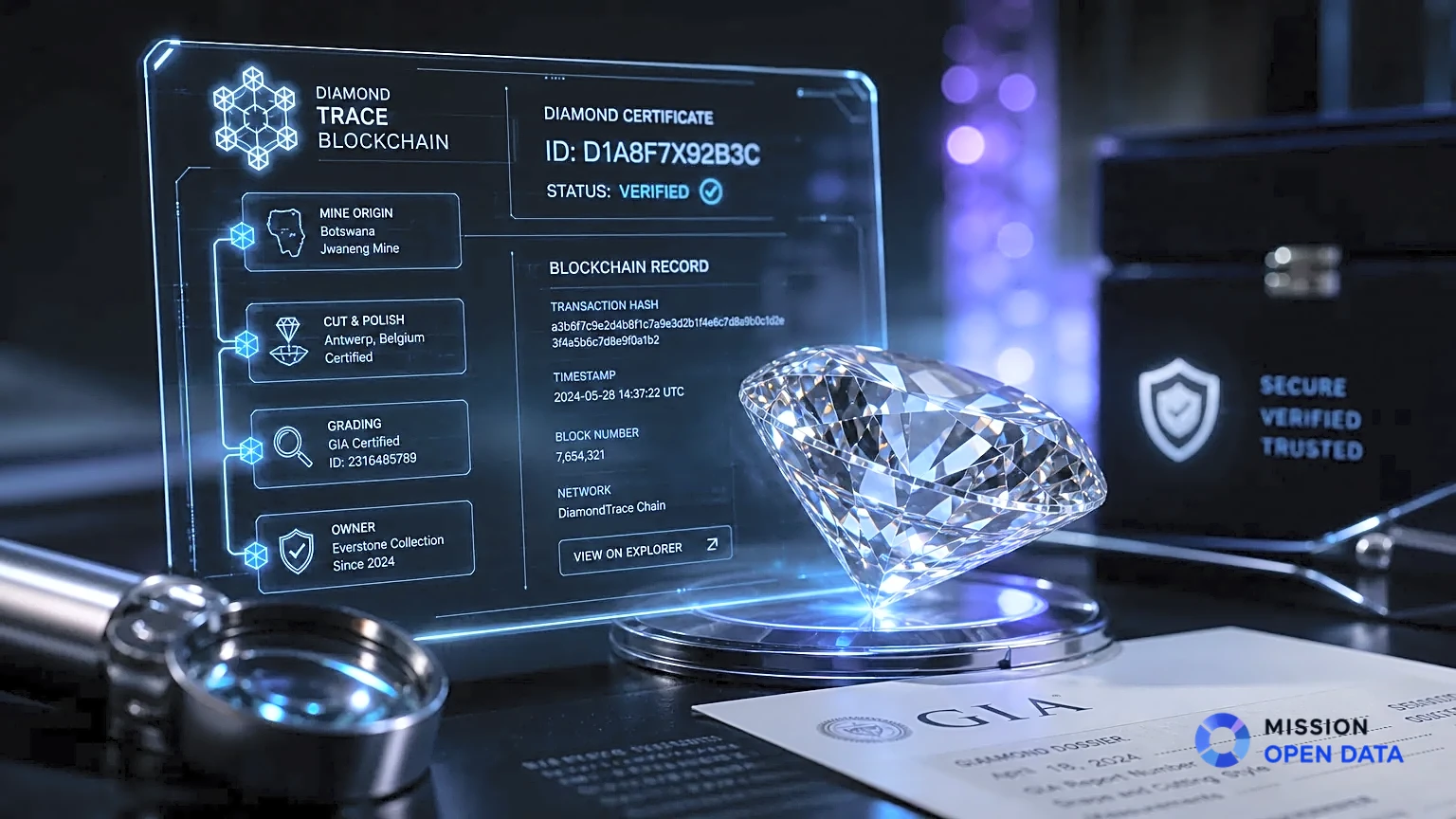 Interface blockchain translucide sur un diamant éclatant