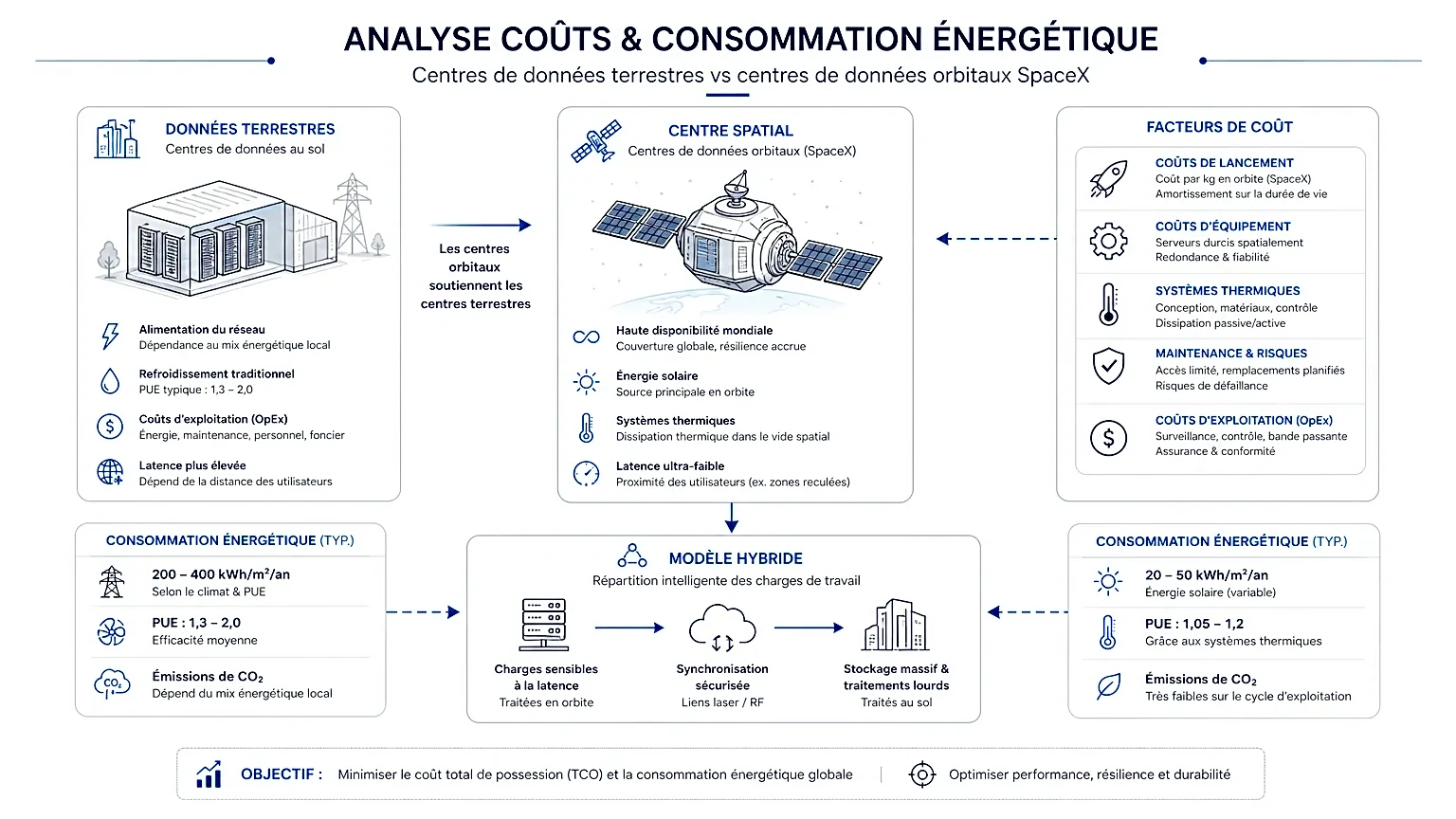 Diagramme technique comparant data centers terrestres et orbitaux de SpaceX