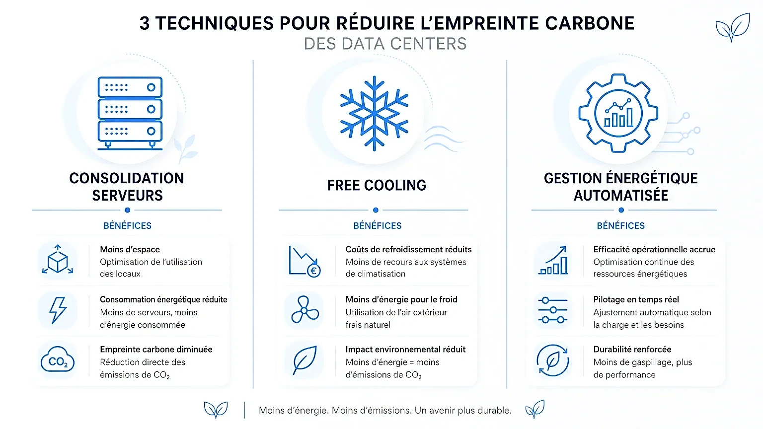 Comparaison des techniques pour réduire l'empreinte carbone des data centers.