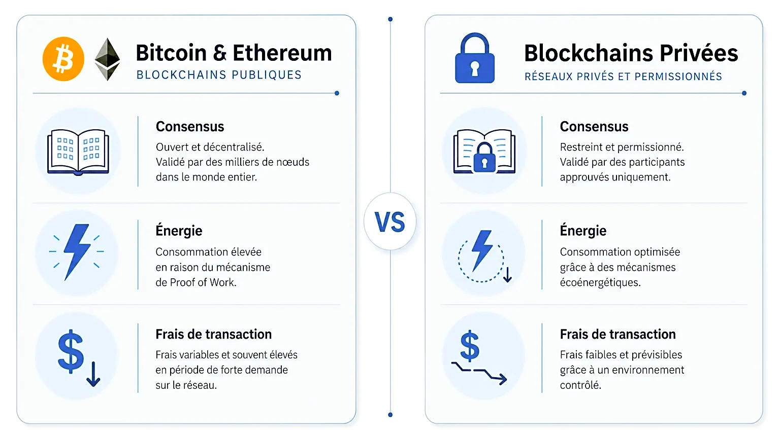 Comparaison Bitcoin et Ethereum Infographie comparant Bitcoin et Ethereum sur la blockchain publique.