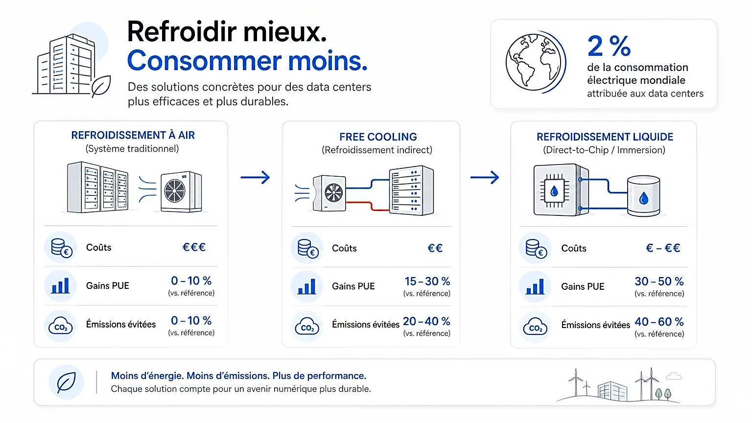 Infographie présentant des solutions de refroidissement pour data centers
