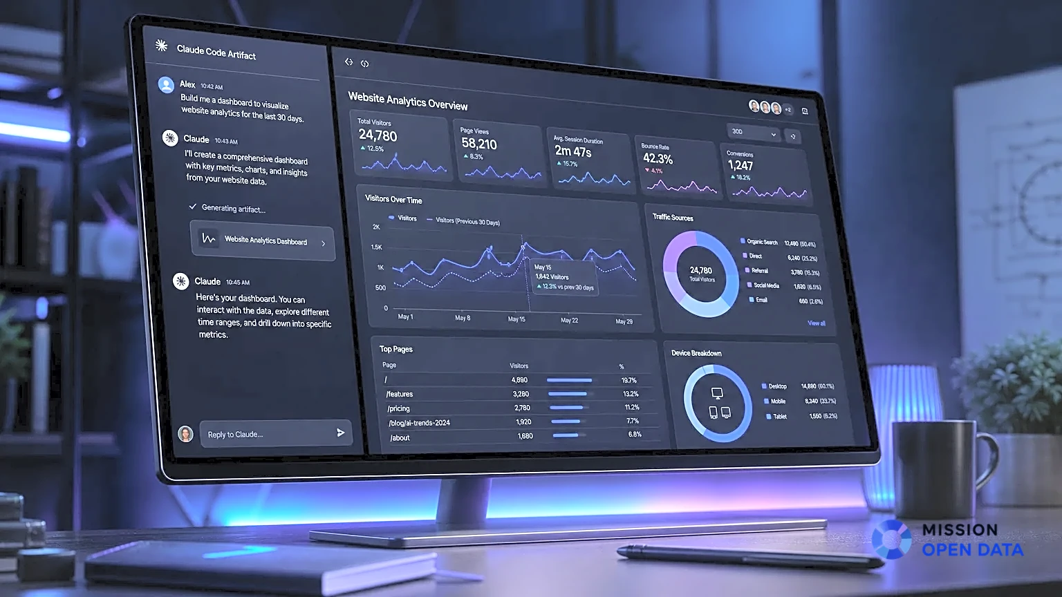 Moniteur affichant une interface dynamique de Claude Code Artifact