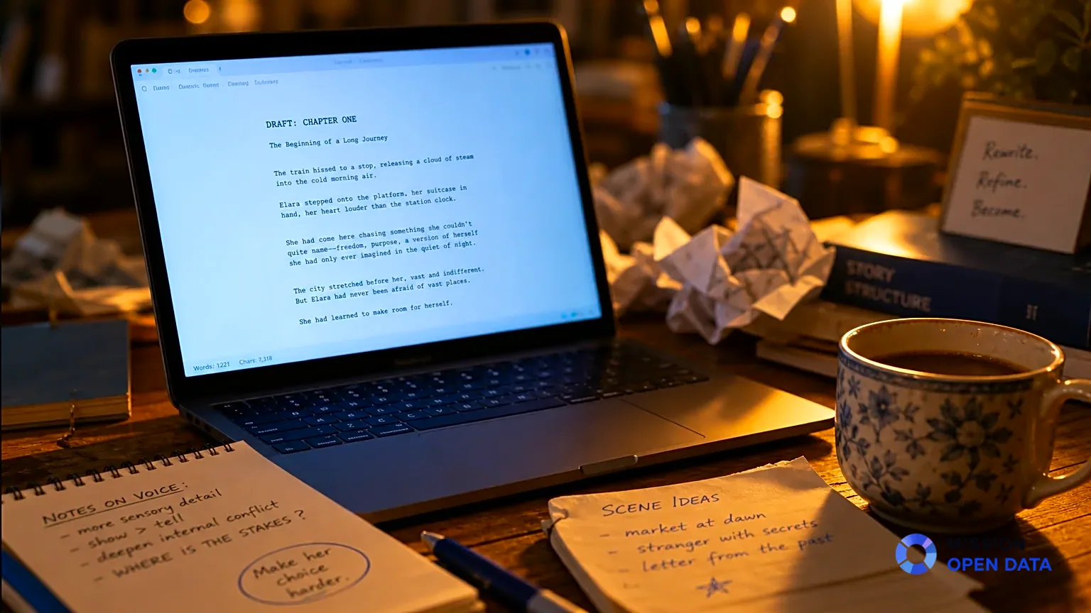 Ordinateur portable illuminé sur un bureau en bois avec notes éparpillées.