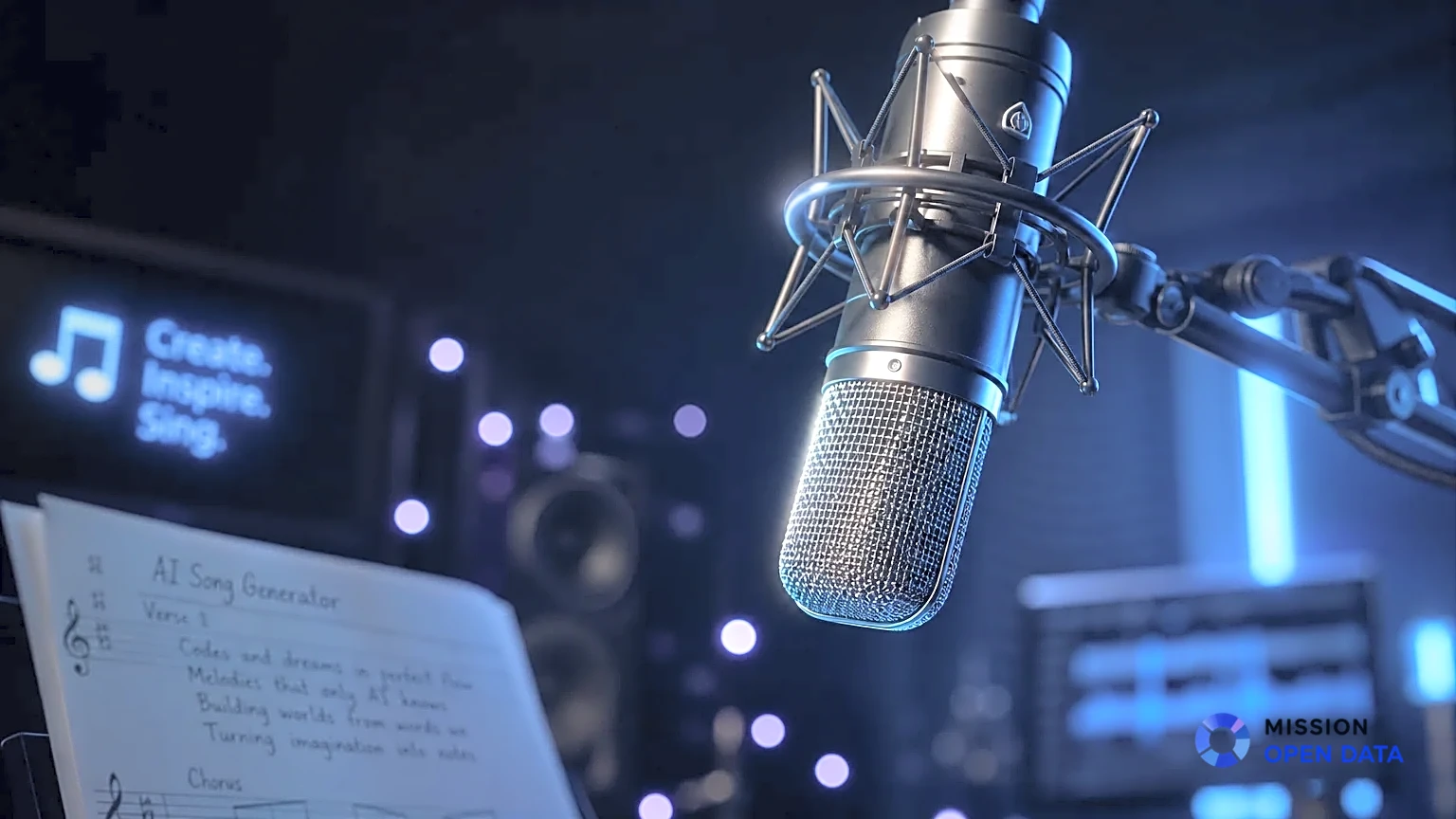 Microphone élégant illuminé avec un fond sombre et des lumières colorées.