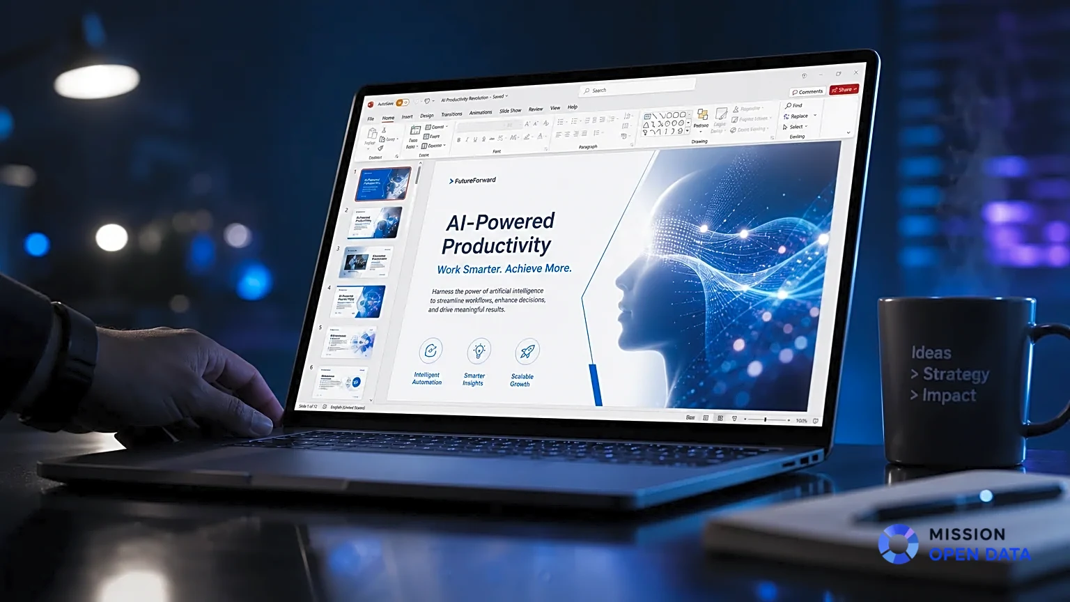 Un ordinateur portable affichant une présentation PowerPoint brillante.