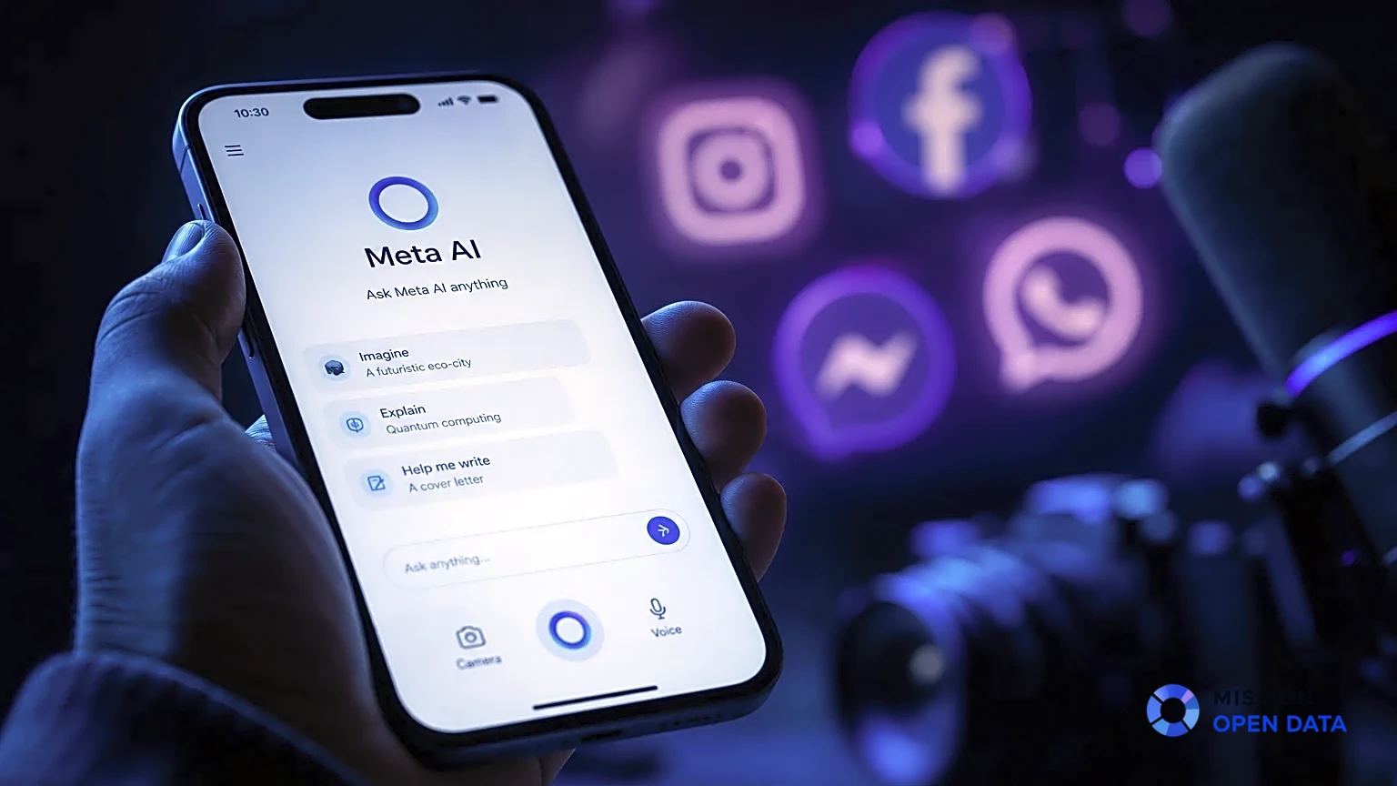 Une main tenant un smartphone affichant l'interface de Meta AI.