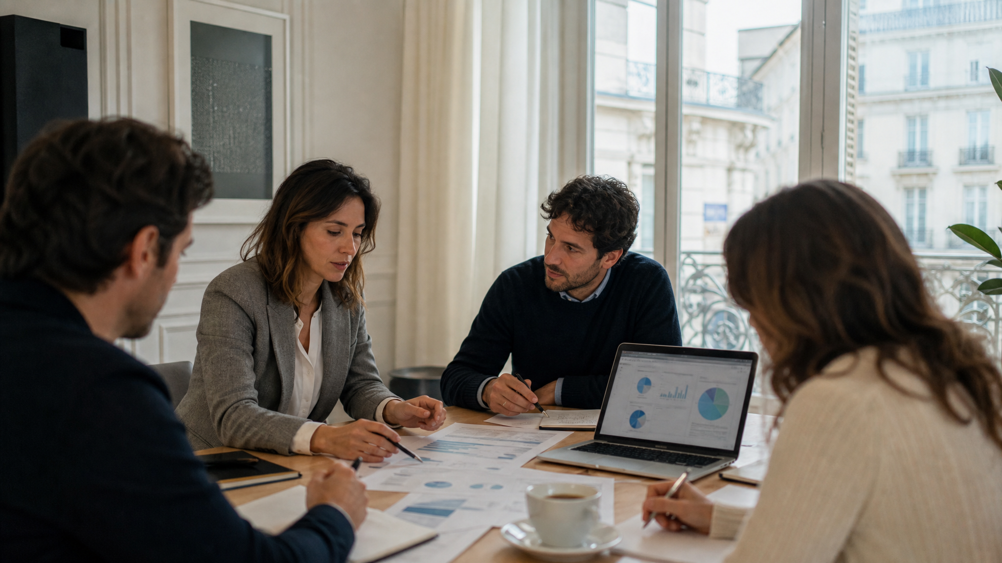 Dirigeants et équipe d'une PME en réunion autour d'un projet d'intelligence artificielle, examen des budgets et de la stratégie