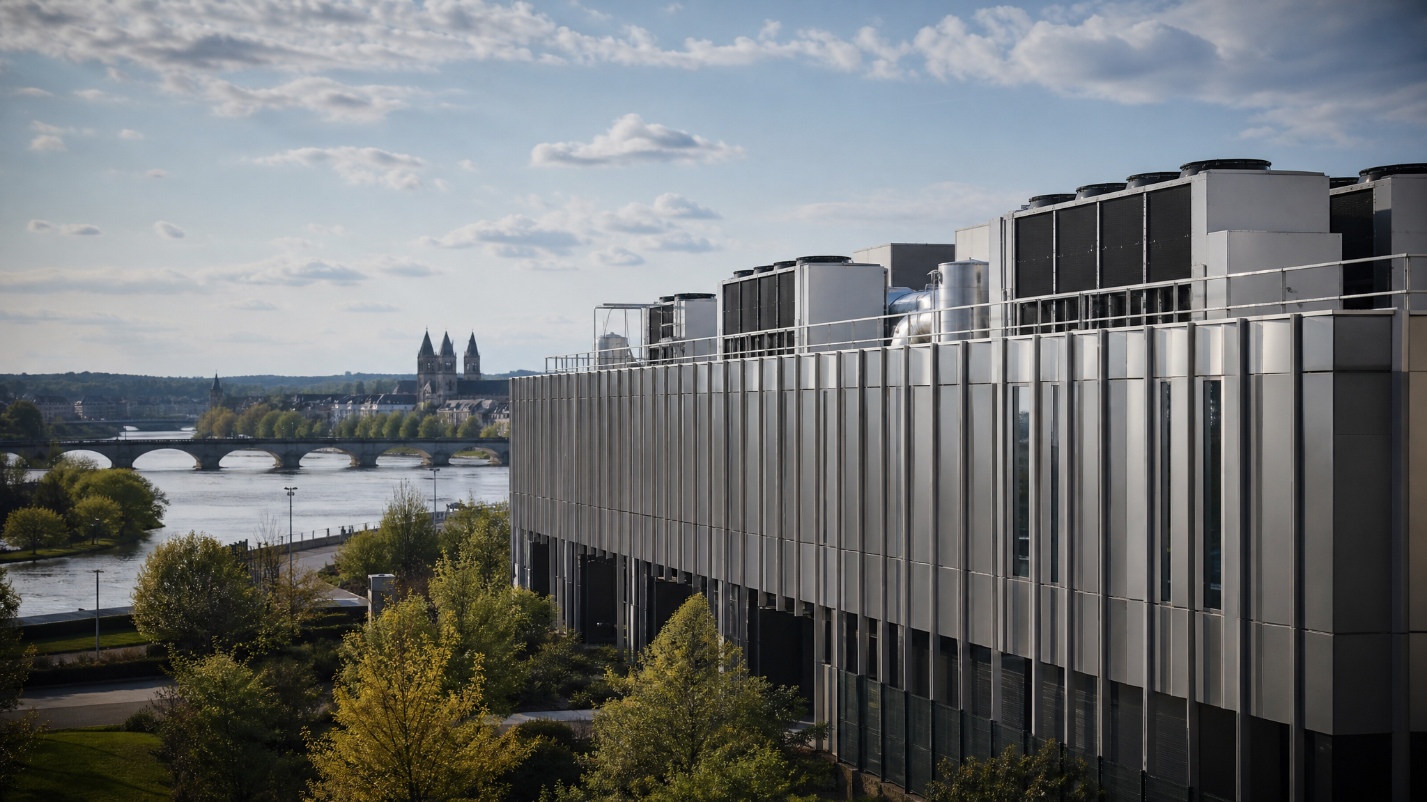 Vue extérieure d un data center moderne situé en périphérie d une ville française, façade métallique et unités de refroidissement sur le toit, illustrant un hébergement local à Bordeaux.