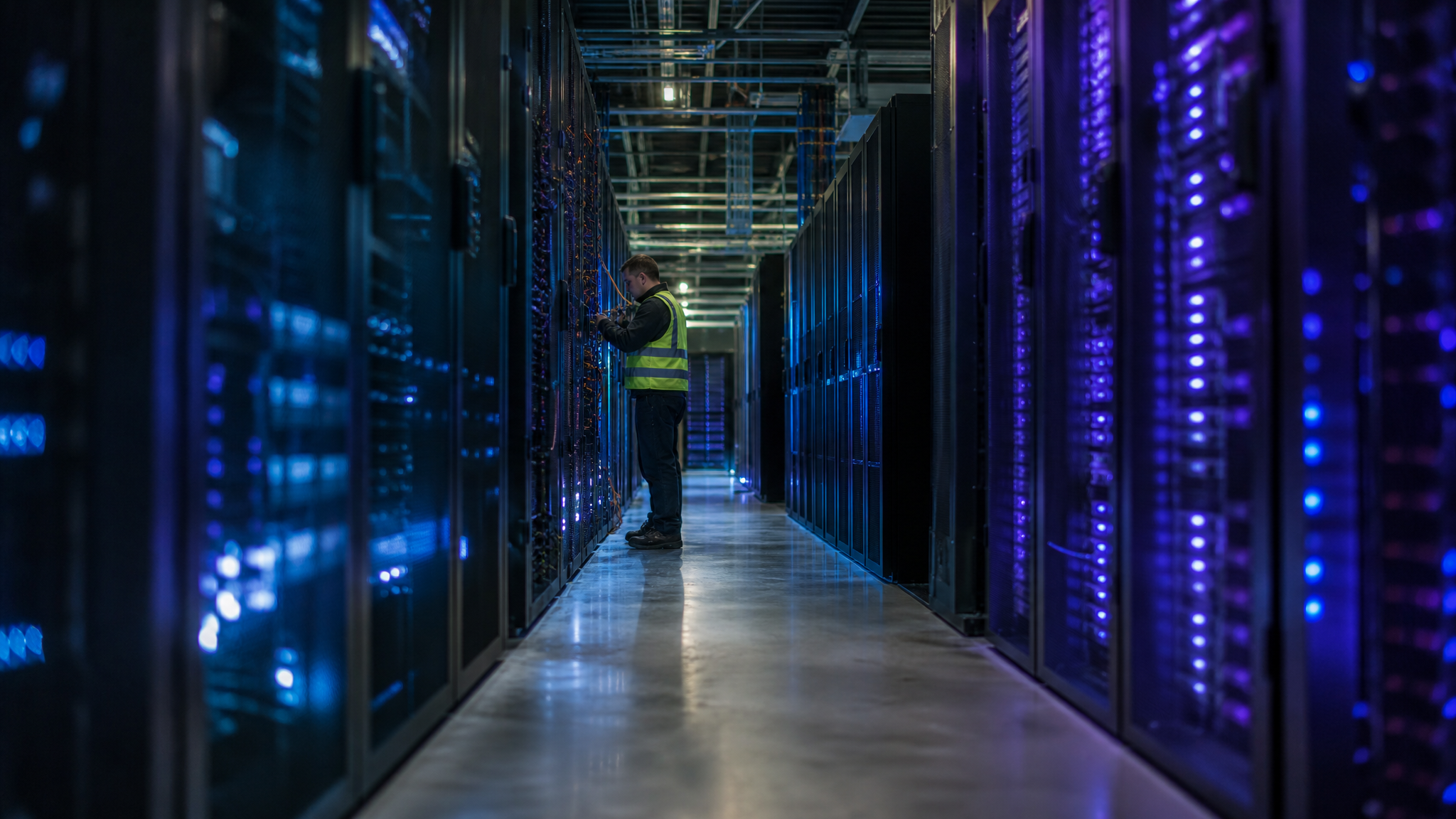Allées symétriques de baies serveurs noires éclairées par des LED bleues et violettes dans un data center moderne, illustrant l'exploitation d'un hébergement local à Bordeaux.