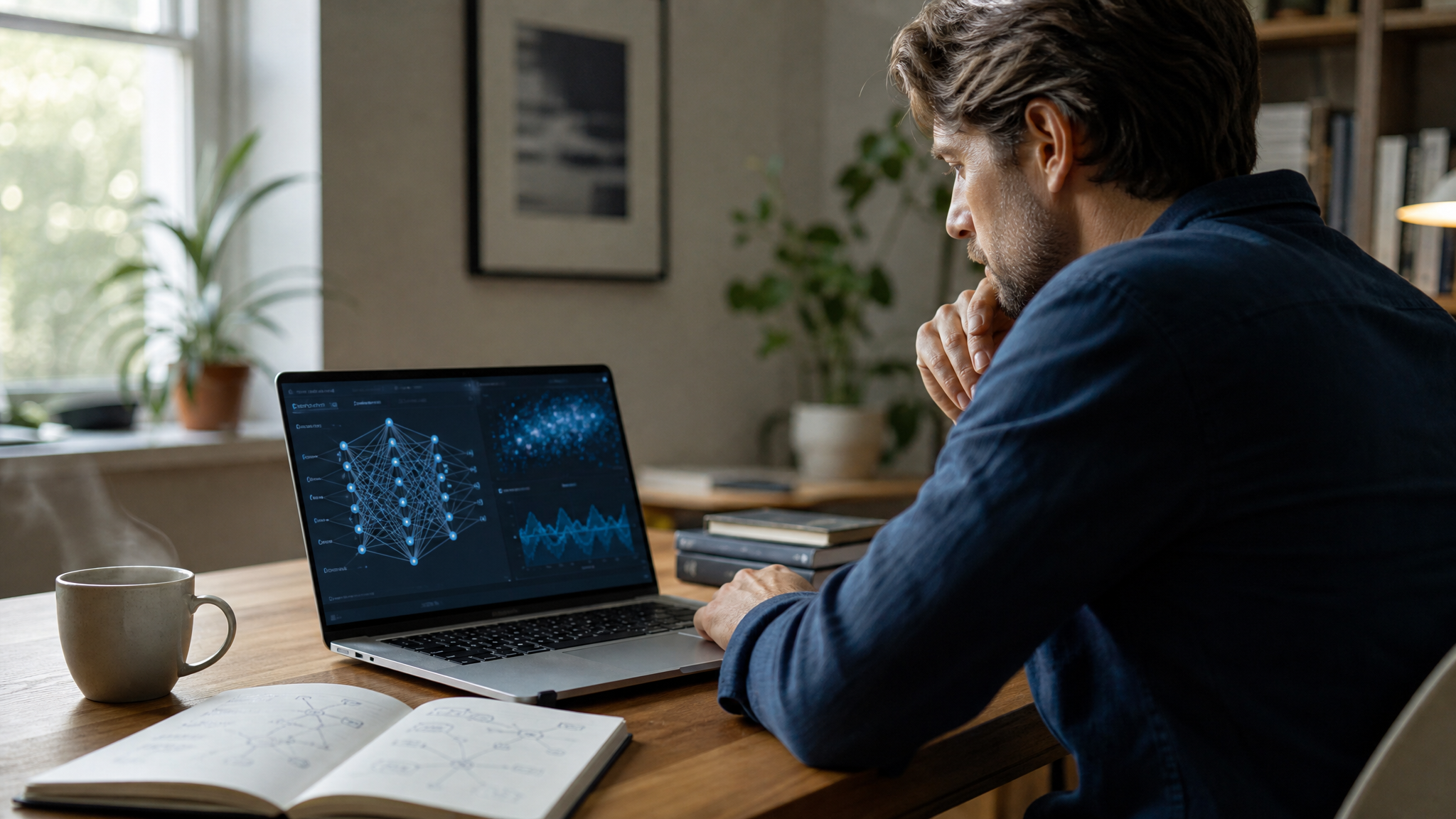 Adulte en formation en ligne sur l'intelligence artificielle, prenant des notes devant un ordinateur portable affichant des visualisations de données et de réseaux neuronaux