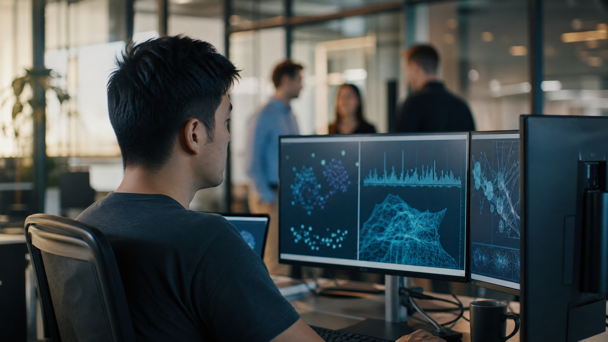 Data scientist au travail dans un open space tech, plusieurs écrans affichant des visualisations de modèles d'intelligence artificielle, illustration des débouchés professionnels après une formation IA