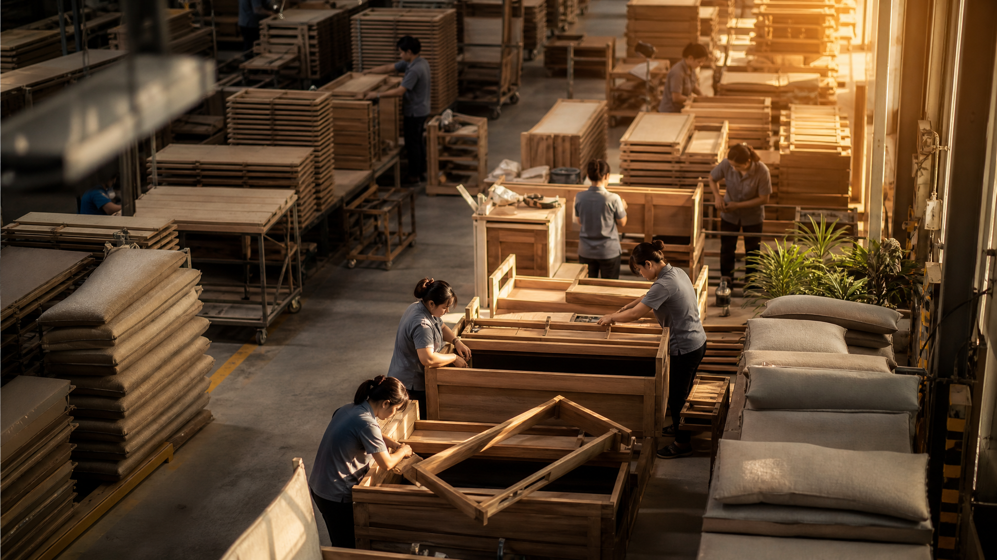 Vue d'un atelier industriel d'assemblage en Asie du Sud-Est avec des ouvriers, illustration du sourcing de fournisseurs au Vietnam et en Asie pour les PME