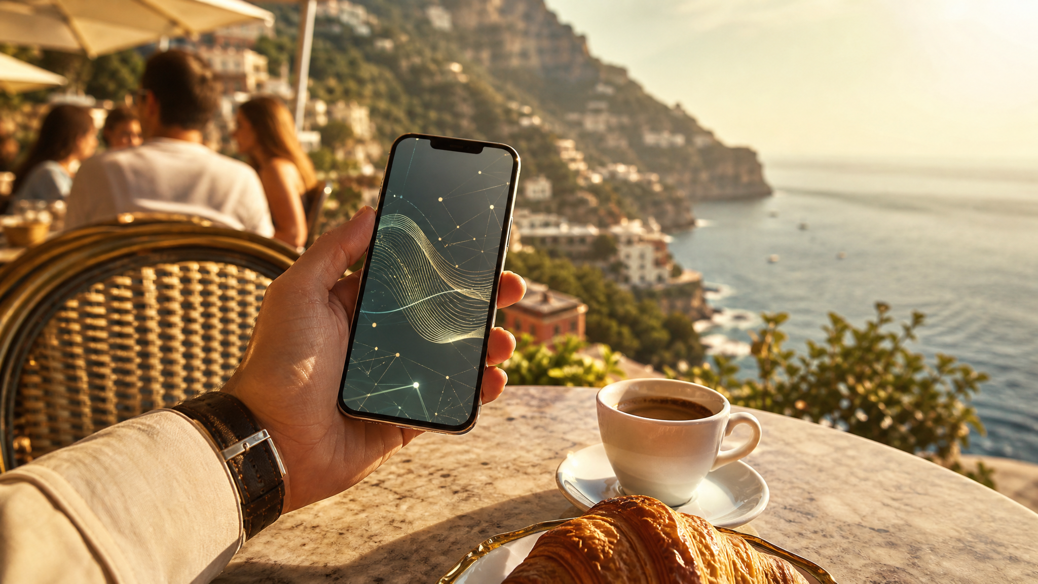 Smartphone tenu en main sur une terrasse de café, illustration de la connectivité mobile nécessaire pour exploiter l'open data en voyage