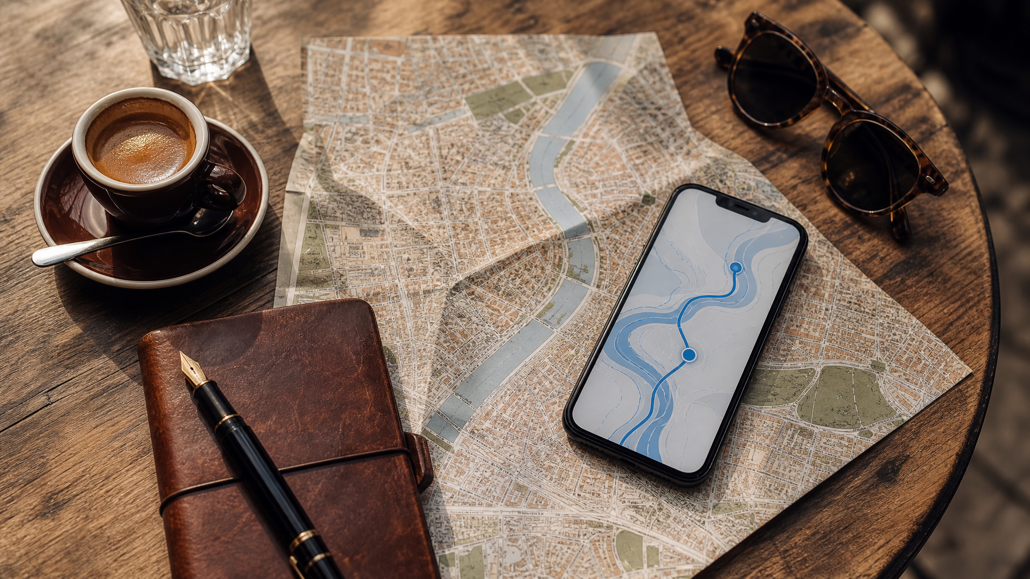 Carte papier d'une ville européenne et smartphone affichant un itinéraire issu de données ouvertes posés sur une table de café