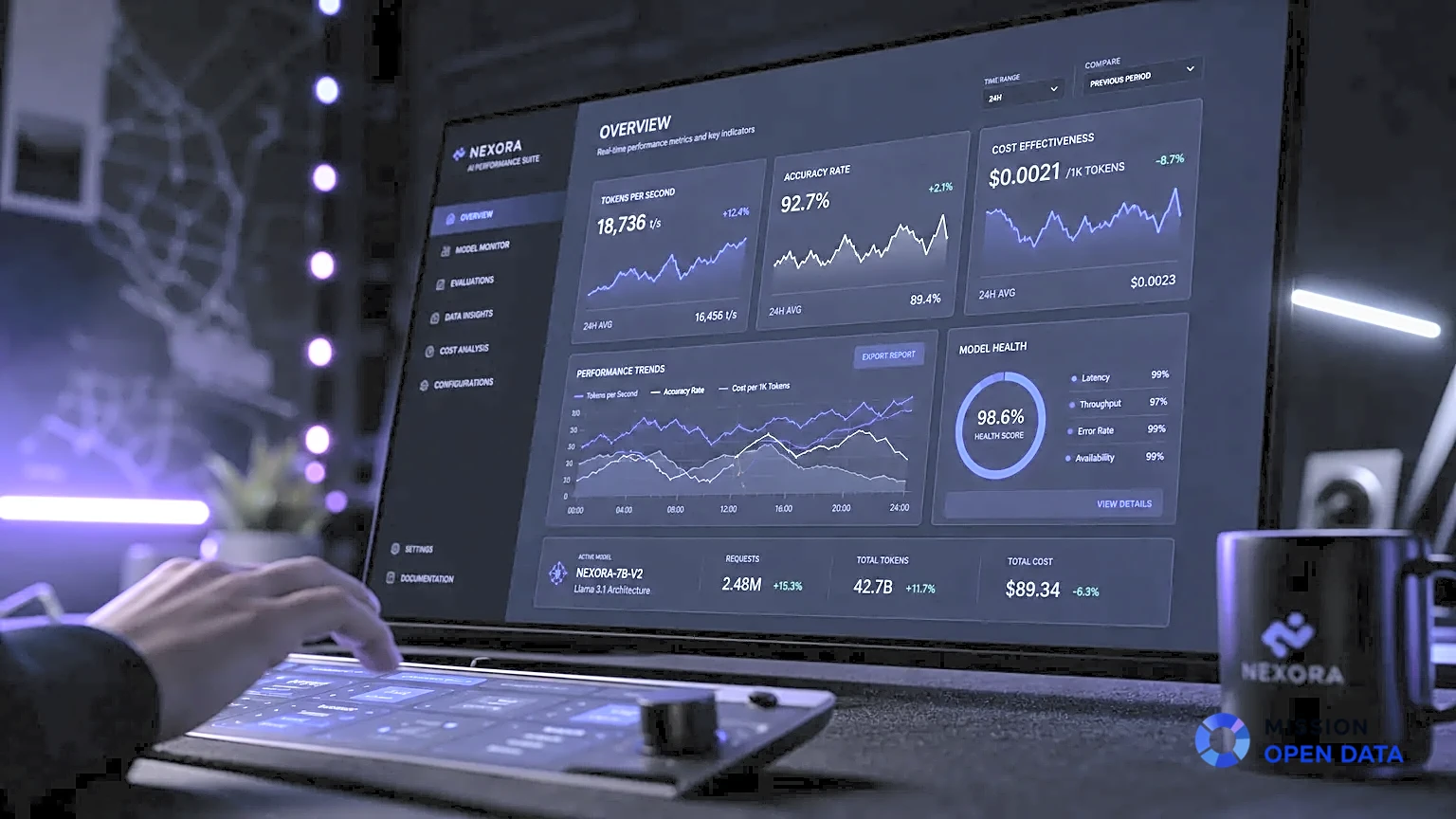 Poste de travail moderne avec visualisations des performances de l'IA
