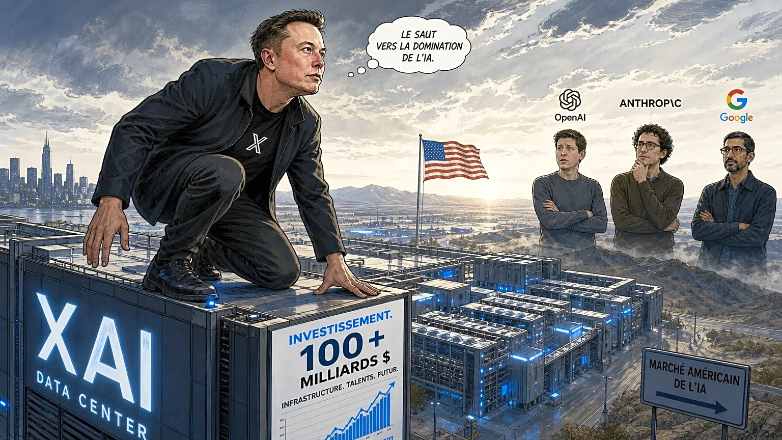 Elon Musk prêt à bondir sur le marché de l'IA depuis un data center.