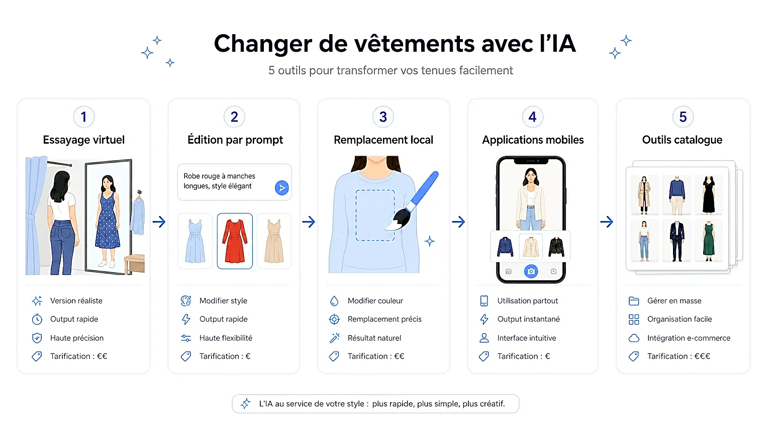 Infographie illustrant différents outils d'IA pour changer de vêtements.