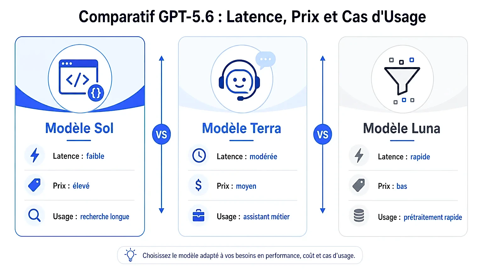 Comparatif de GPT-5.6 sur la latence et le prix selon les cas d'usage.