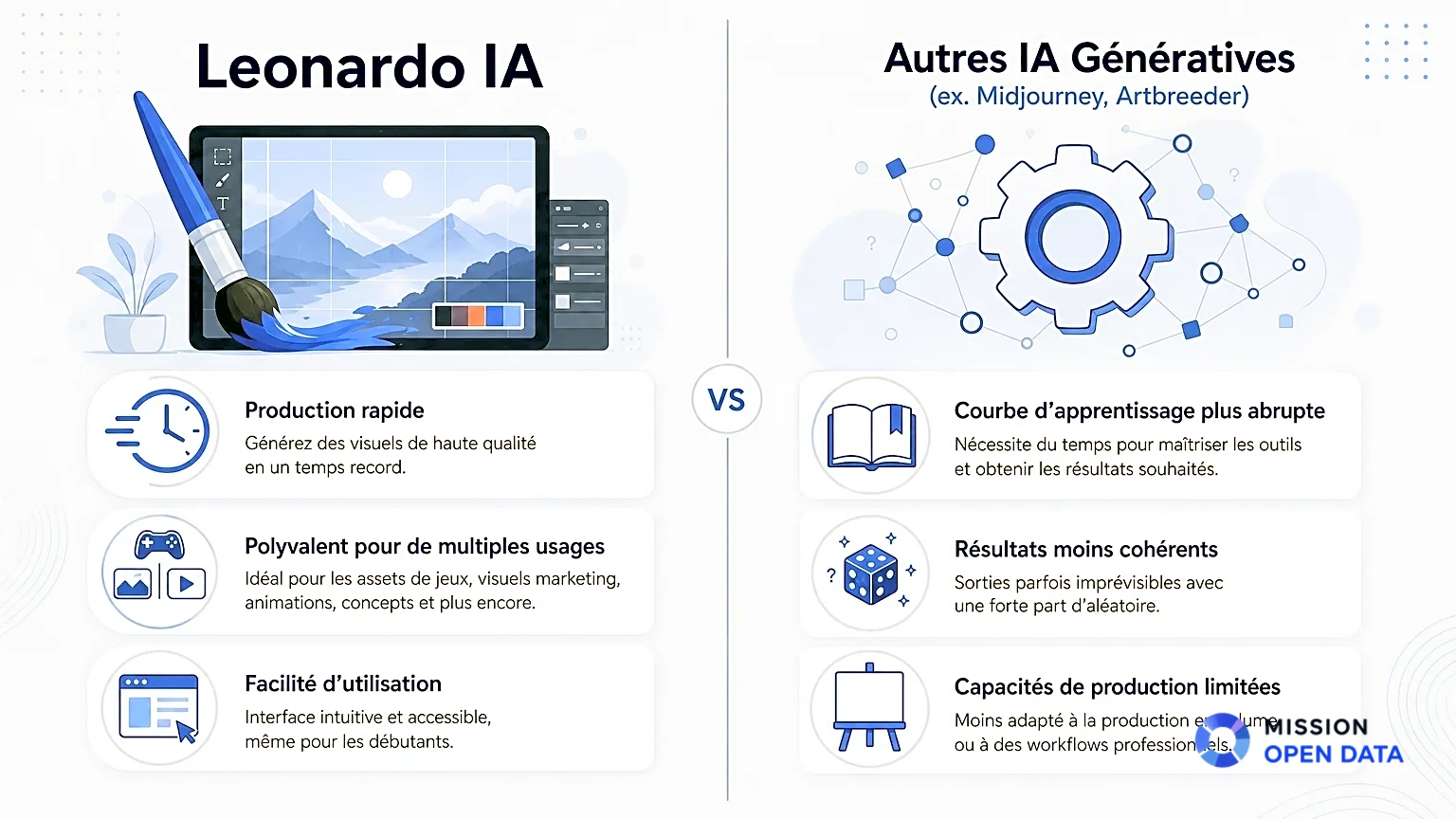 Infographie comparant Leonardo IA et d'autres intelligences artificielles génératives.