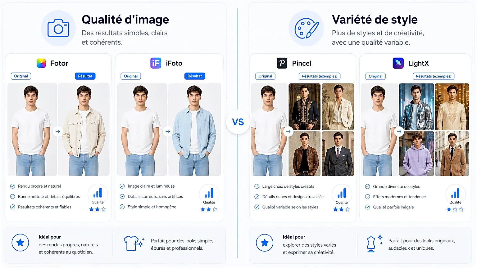Infographie comparant la qualité d'image et la variété de style des outils d'IA.
