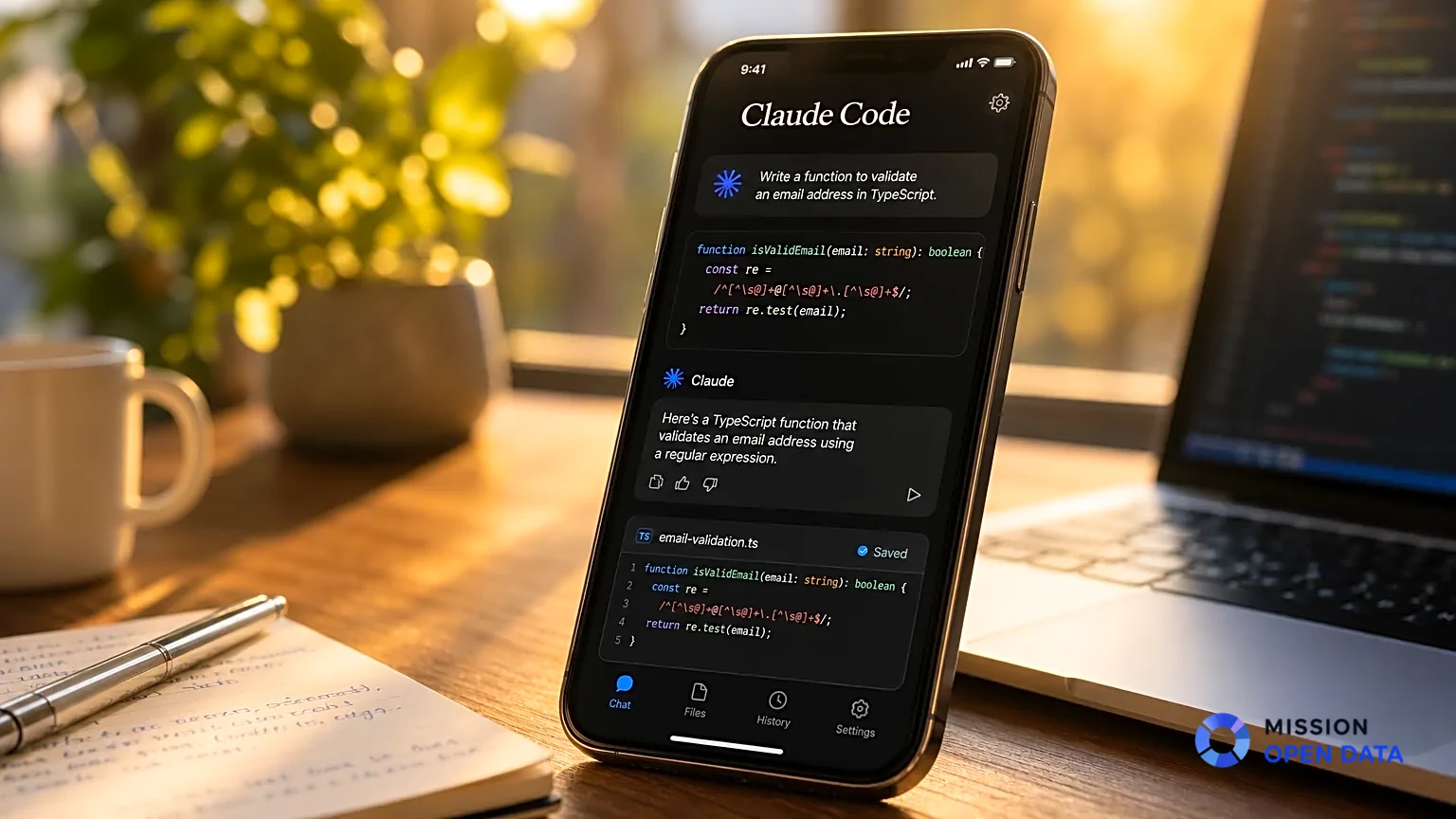 iPhone affichant l'interface de l'application Claude Code sur une table en bois.