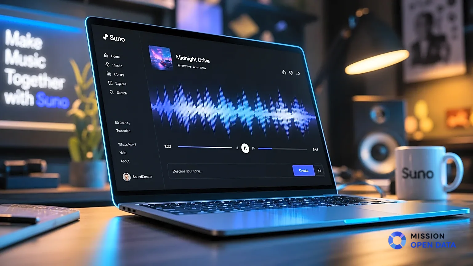 Un laptop moderne affichant une onde sonore colorée.