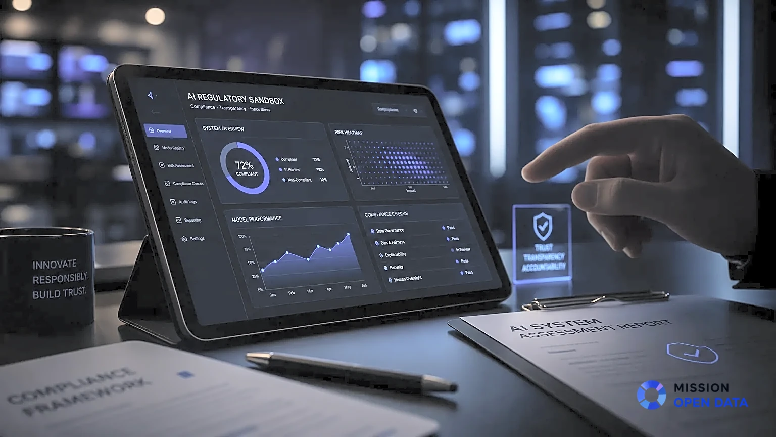Tablette noire affichant des graphiques abstraits dans un espace tech moderne.