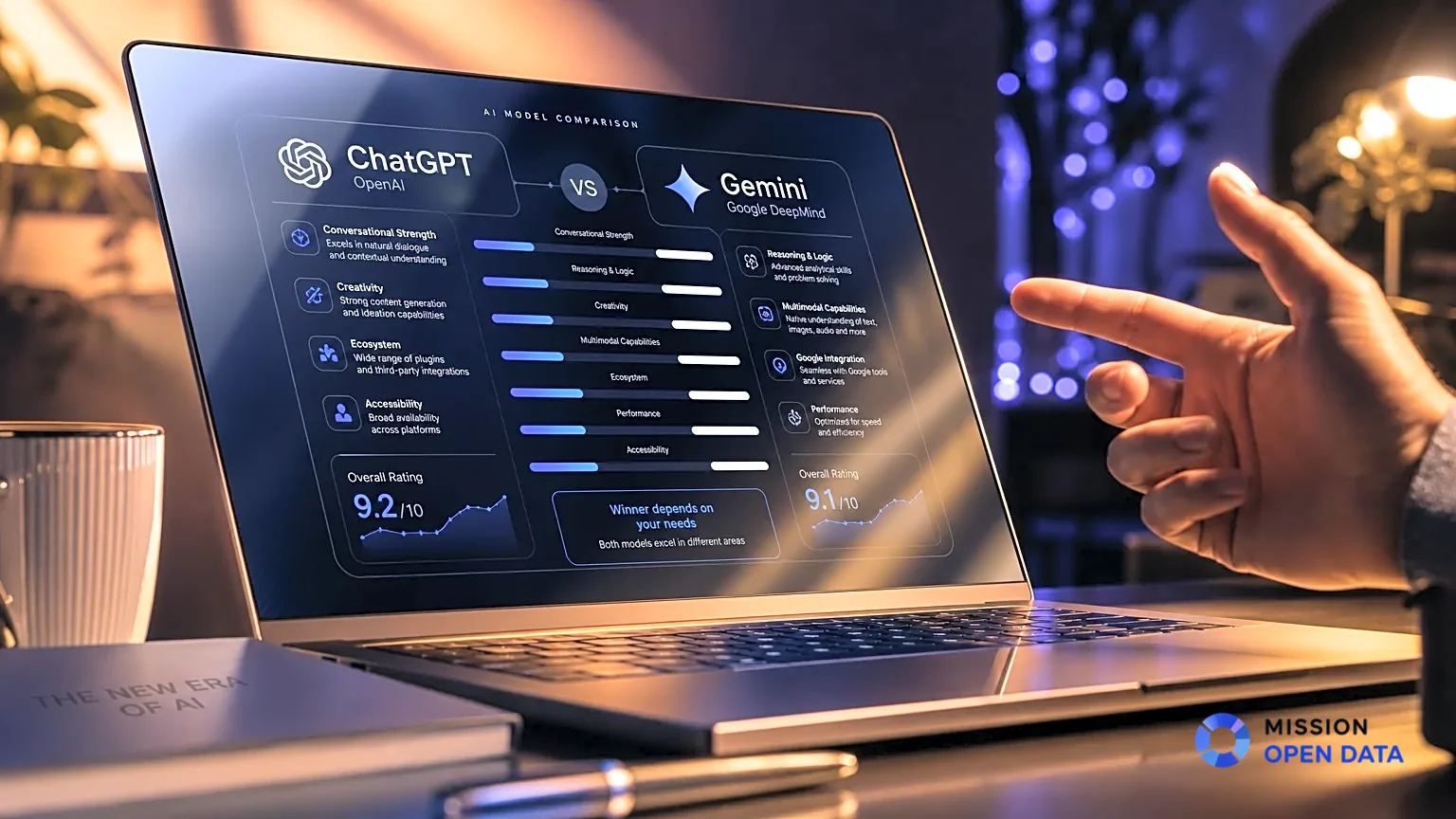Ordinateur portable montrant une comparaison entre ChatGPT et Gemini.