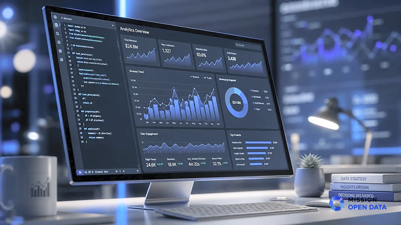 Tableau de données moderne avec visualisations lumineuses et ambiance technologique
