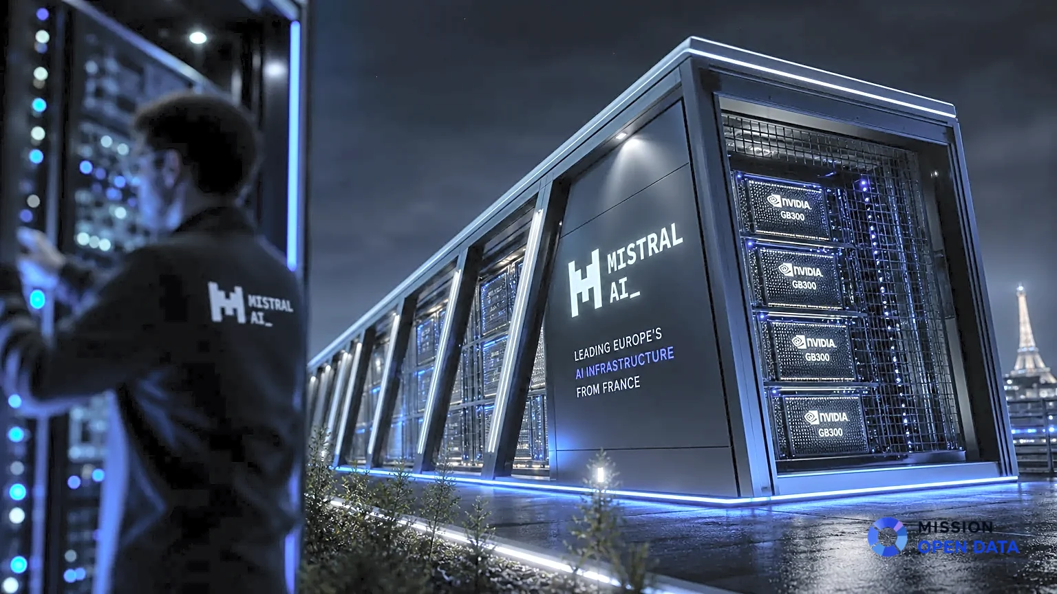 Perspective inclinée d'un data center moderne illuminé de l'intérieur