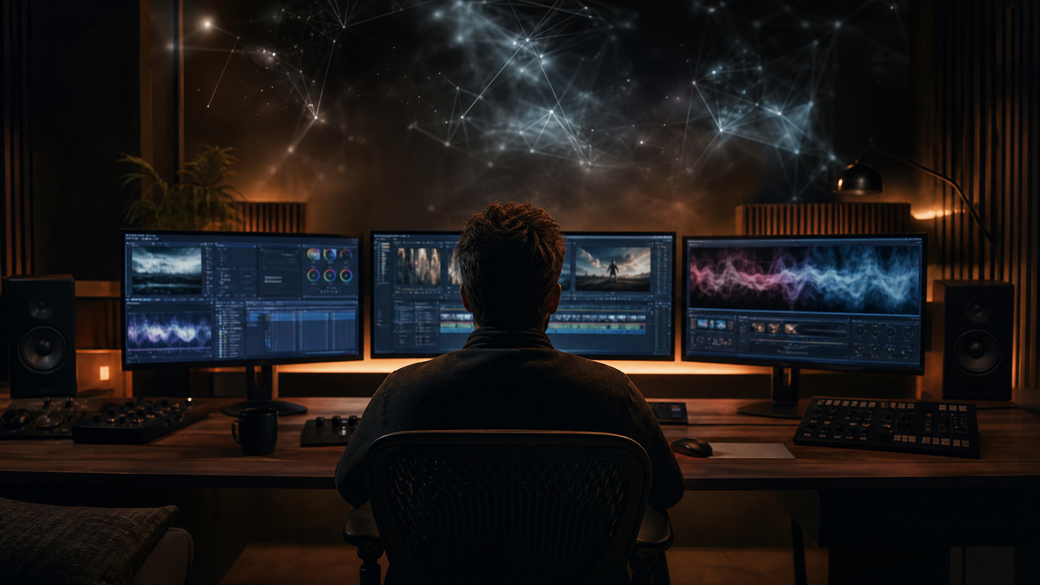 Monteur professionnel dans une salle de post-production audiovisuelle assistée par IA, avec 3 écrans affichant timelines et étalonnage.