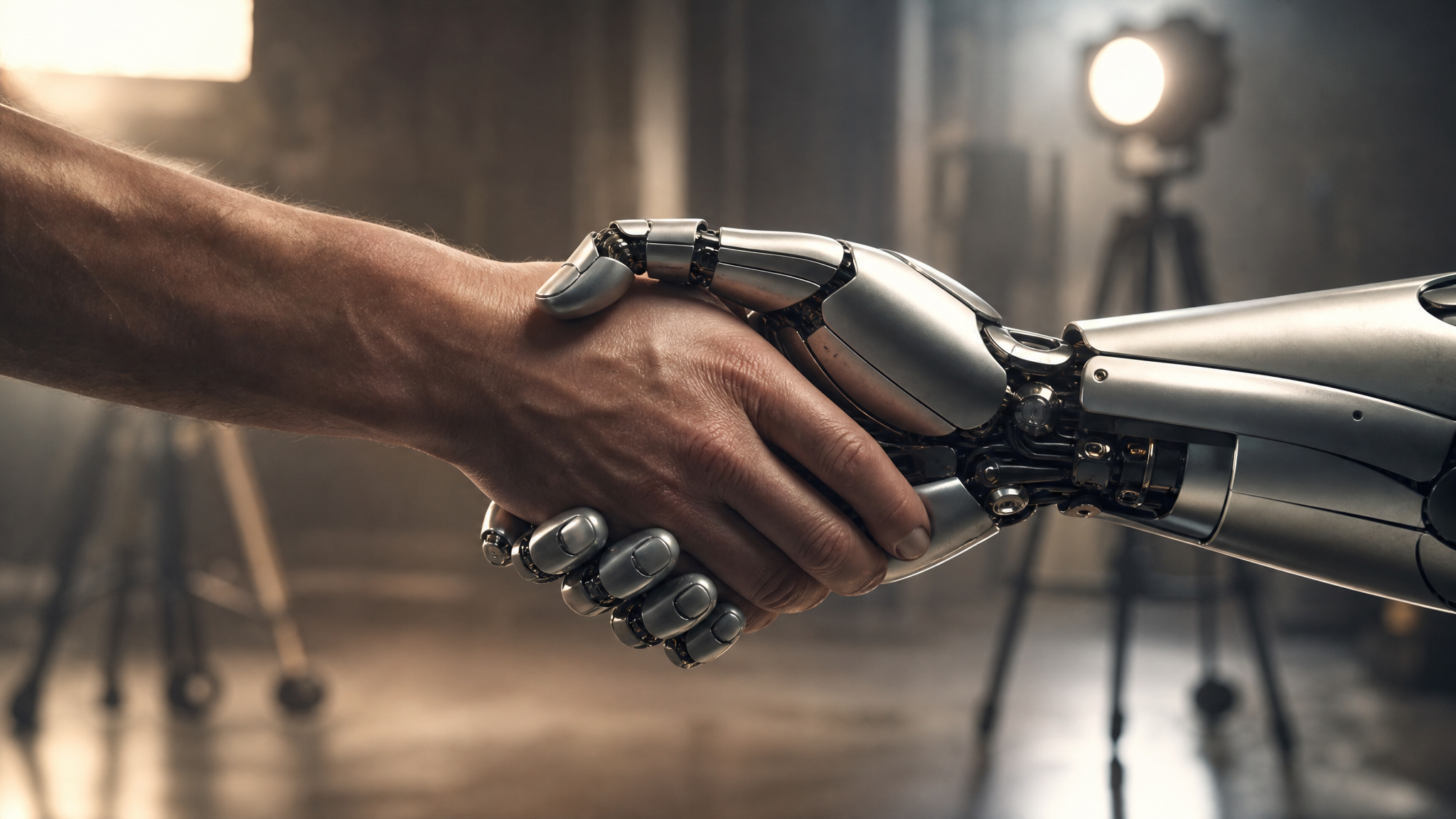 Gros plan sur une main humaine et une main robotique qui se rejoignent dans une poignée de main, symbolisant la collaboration entre l intelligence artificielle et les équipes de production audiovisuelle.
