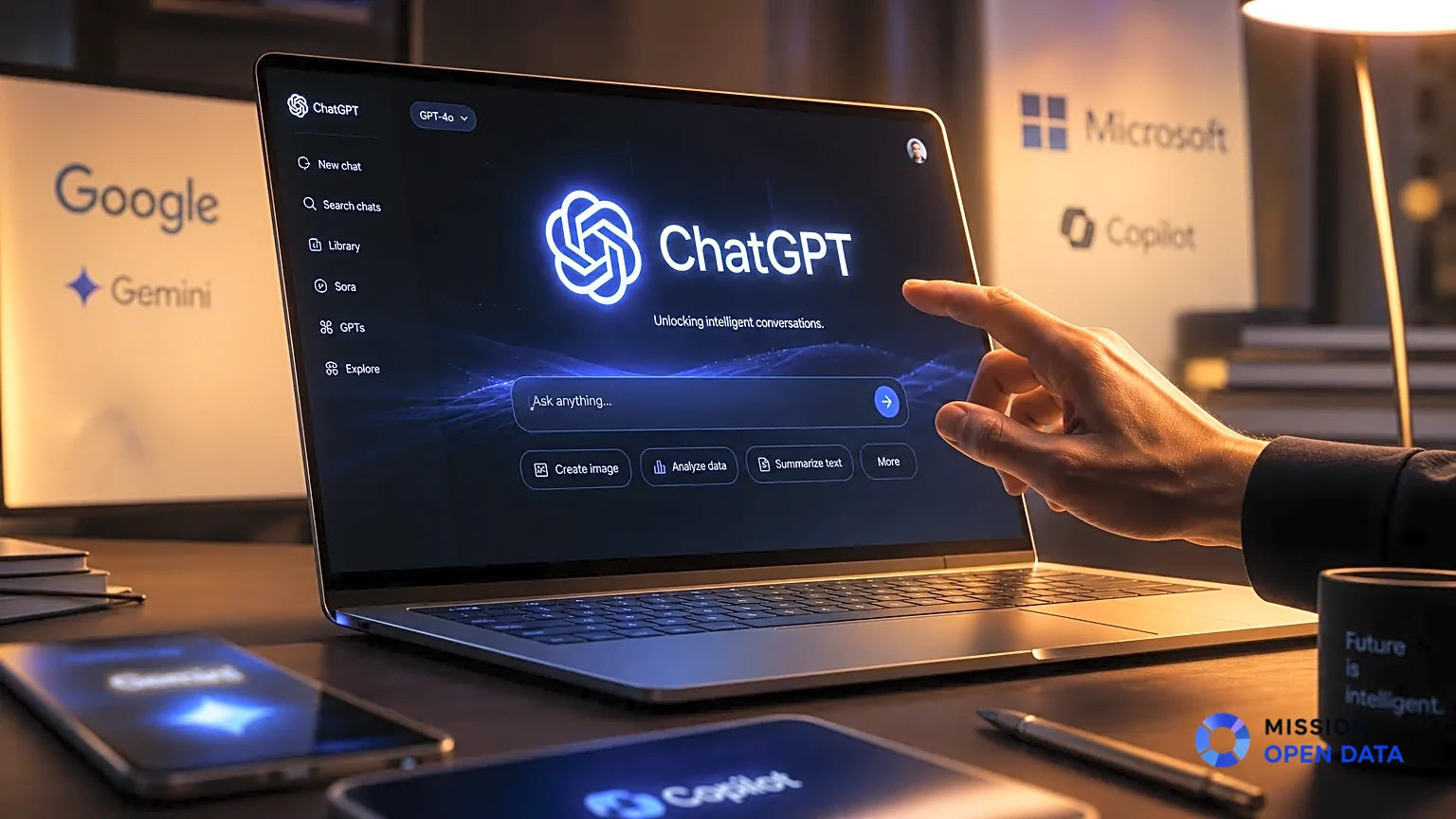 Open laptop showing ChatGPT interface with blurred logos.