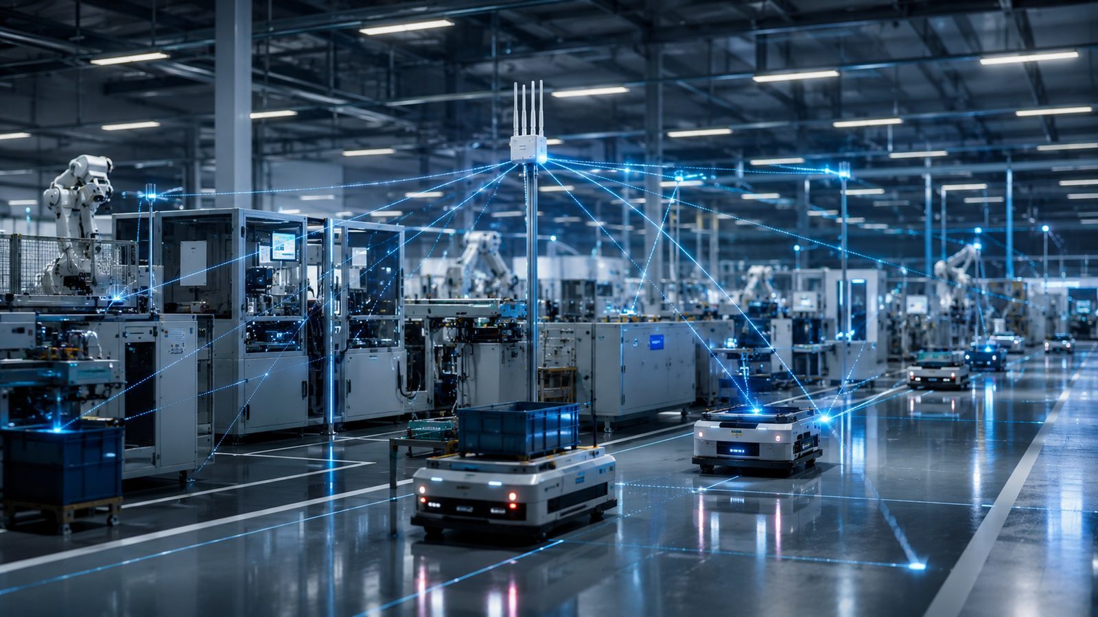 Réseau 5G privé dans une usine connectée reliant robots et machines industrielles