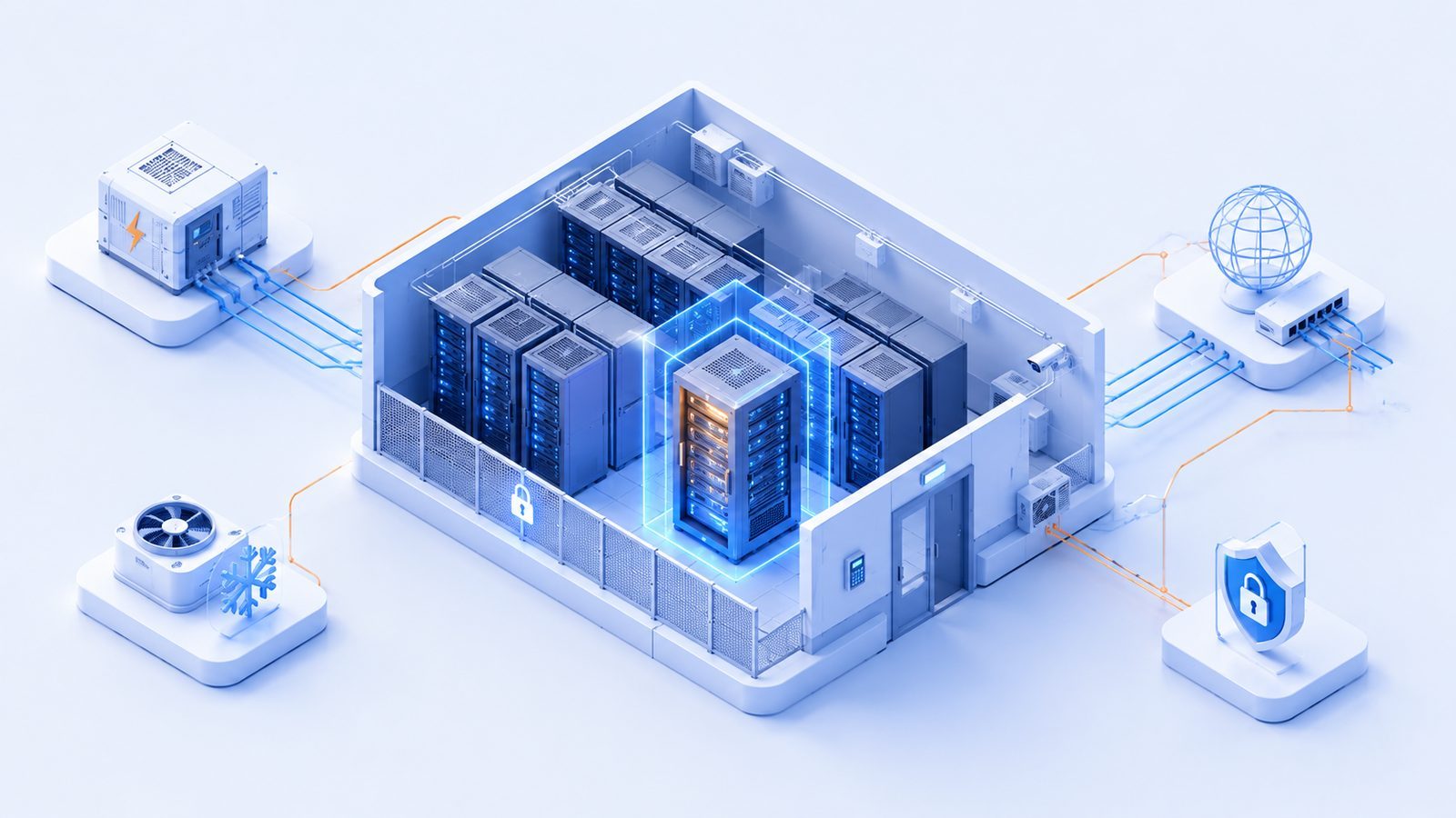 Principe de la colocation en data center : baie serveur, alimentation, refroidissement, réseau et sécurité