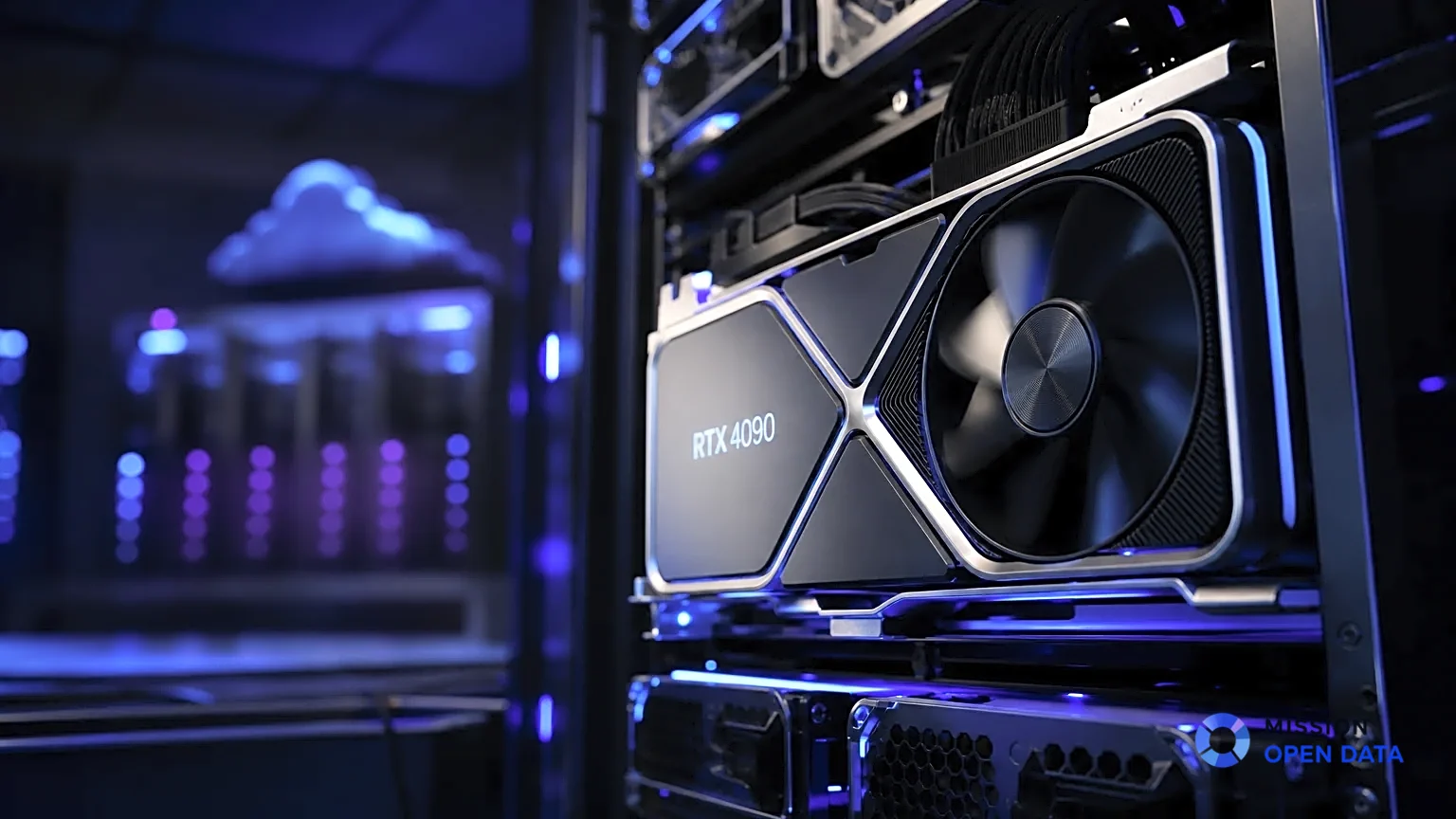 Configuration moderne d'un pod GPU avec éclairage ambiant.