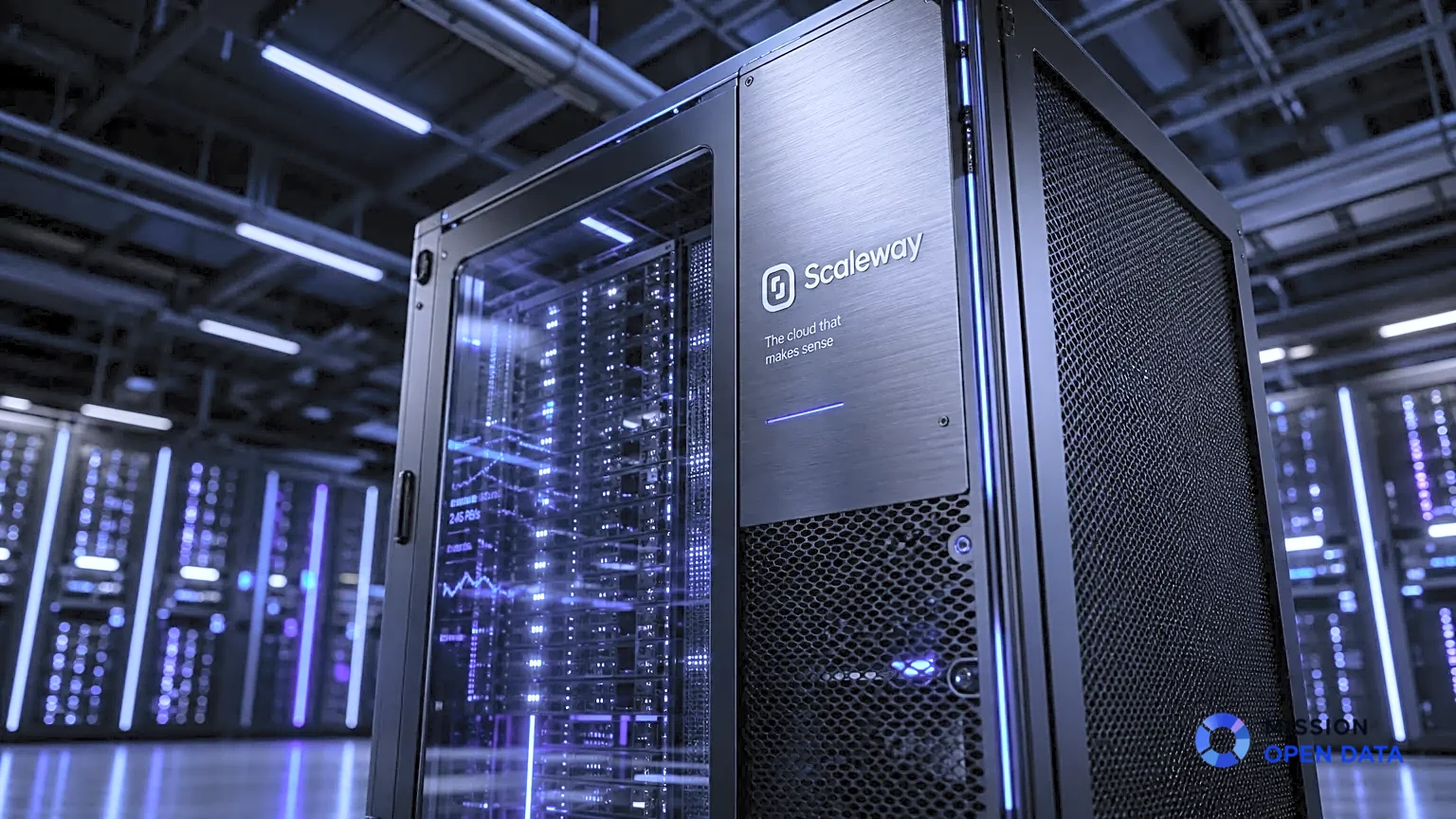 Rangée de serveurs éclairés dans un data center moderne.